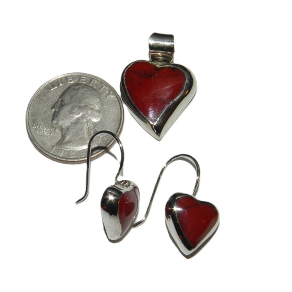 ATI Red Jasper Sterling Silver Mexico Earrings And Heart Shape Pendant Very Rare - Picture 3 of 10